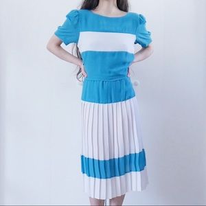 Vintage 80s Liz Roberts Striped Pleated Dress with Puff Sleeves